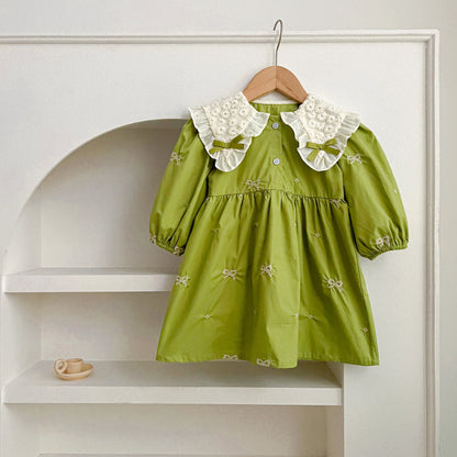 Outono 0-6 anos Vestido de Princesa para Meninas Roupas de Bebê Menina Gola Borboleta Roupas de Bebê Menina Peça Única Vestido Infantil Bordado