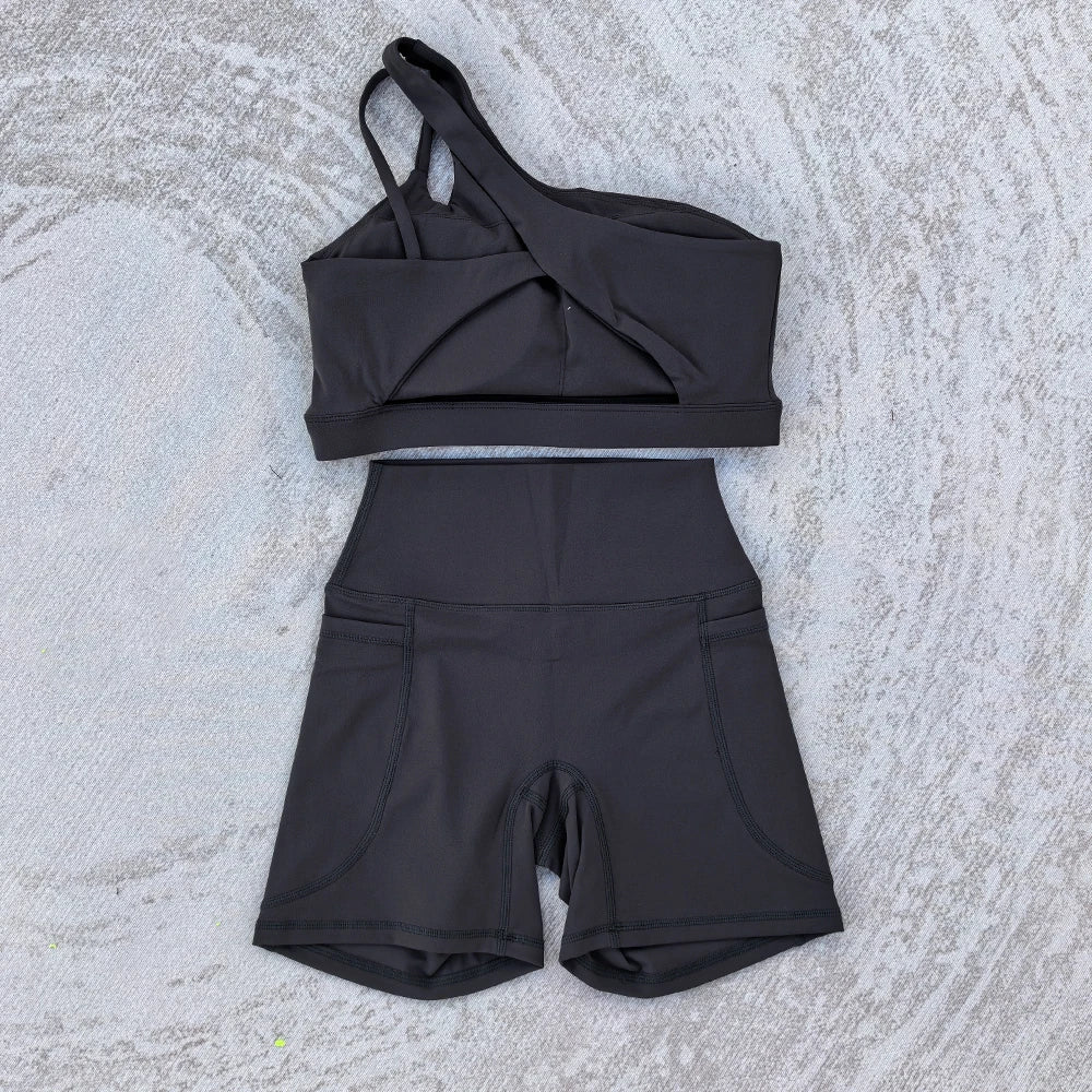 Women's 2 PCS Sports Yoga Set Sexy Sport Bra High Waist Sports Pocket Shorts Gym Fitness Sleeveless Workout Suit Sporstwear