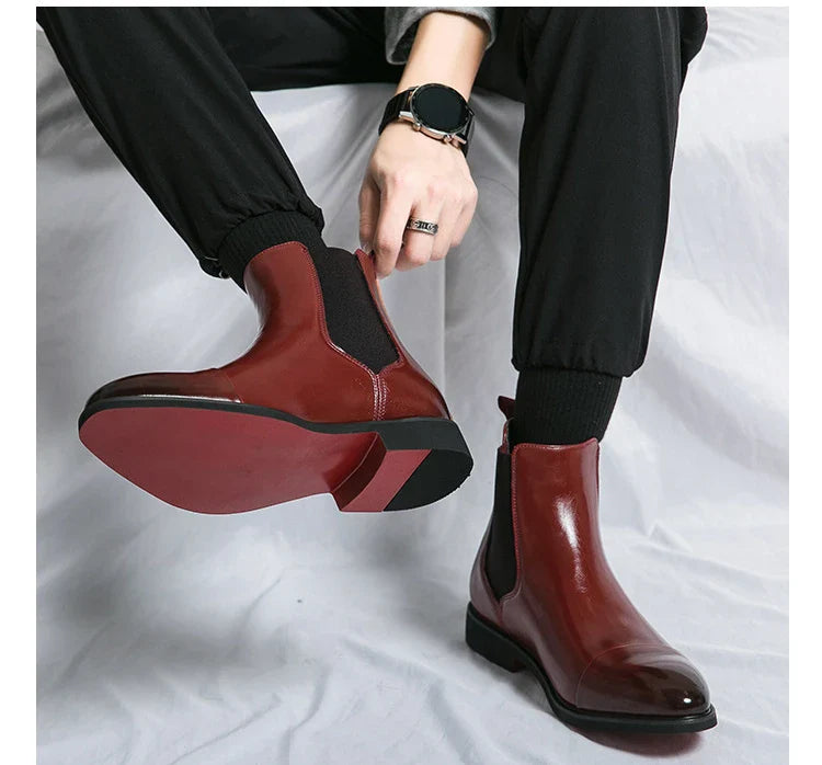 Autumn winter pointed toed male Boots Redsoled high top leather shoe English casual Chelsea boot Fashion comfortable men's shoes
