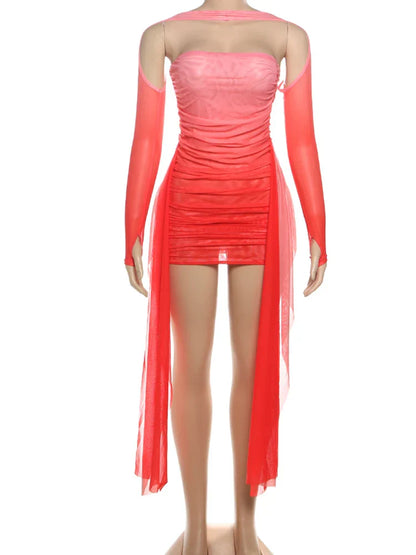 Mesh Simple Women Mini Dress Fashion Solid Strapless Ribbons Tassel Body-shaping Vestidos+Seperately Full Sleeve Gloves