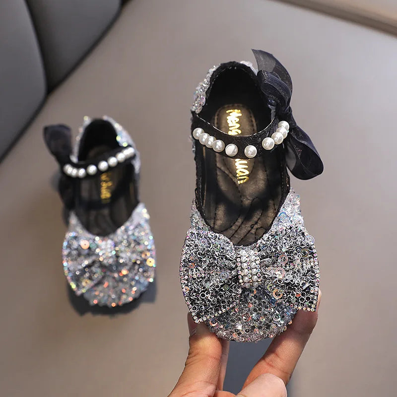 Toddler Girl's Princess Shoes Sequins Lace Bowknot 21-36 Children Mary Janes Three Colors Luxury Trendy Party Kids Shoes Flats