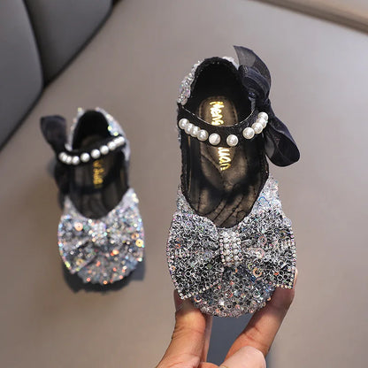 Toddler Girl's Princess Shoes Sequins Lace Bowknot 21-36 Children Mary Janes Three Colors Luxury Trendy Party Kids Shoes Flats