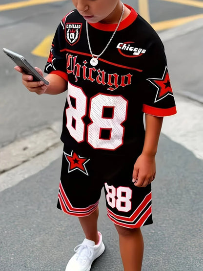 Fashiona Number Digital Printed Jersey Boy Short Sleeve Loose Fit Shorts and T-Shirt Set Sporty Outdoor Quick Drying 2pc Boy Set