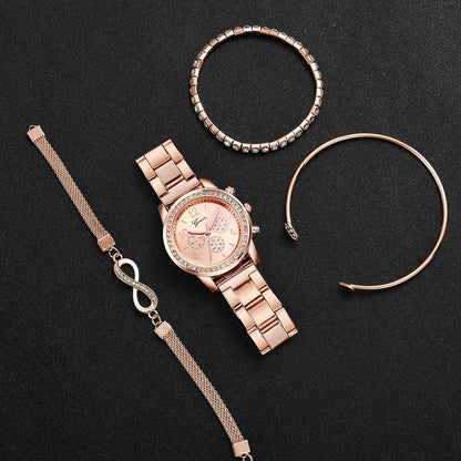 4PCS Fashion Women Watch Luxury Rhinestone Steel Band Ladies Quartz Watch Bracelet Set Relogio Feminino（Without Box）