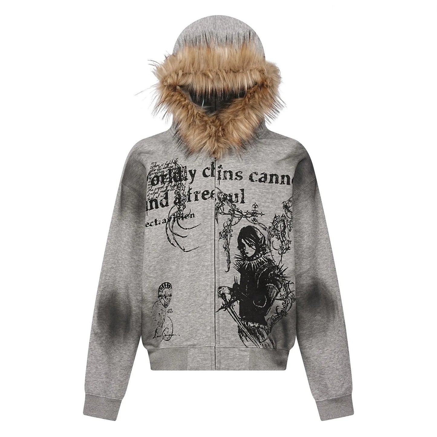 Retro Hooded Sweatshirt Loose Fitting Men's and Women's Pullover Fashionable Street Style Printed Vintage Fur Collar Sweatshirt