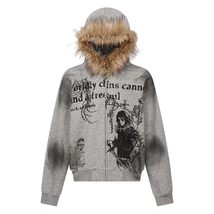 Retro Hooded Sweatshirt Loose Fitting Men's and Women's Pullover Fashionable Street Style Printed Vintage Fur Collar Sweatshirt