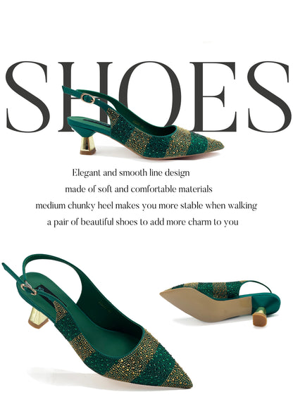 Nigerian Women Heel Ladies Italian Luxury Design Green Shoes And Bag Set Decorated with Rhinestone Handbag Wedding Party