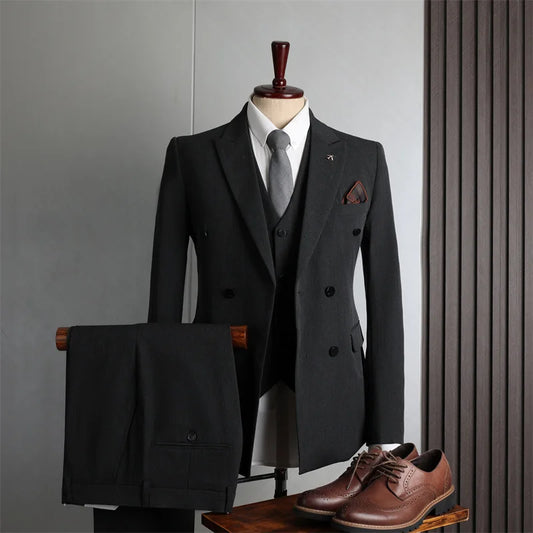 Man Suit Outfit Double-breasted Blazer Men V-neck Vest Straight-leg Pant Male Slim Business Wedding Three-piece Set
