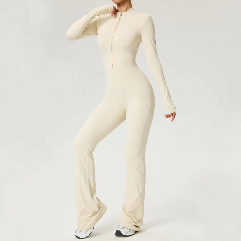 VITALINOVO Women Long Sleeve Flare Workout Jumpsuit Zip Up Romper Bottom Pants Wide Leg Full Length Bodysuit Bodycon One Piece