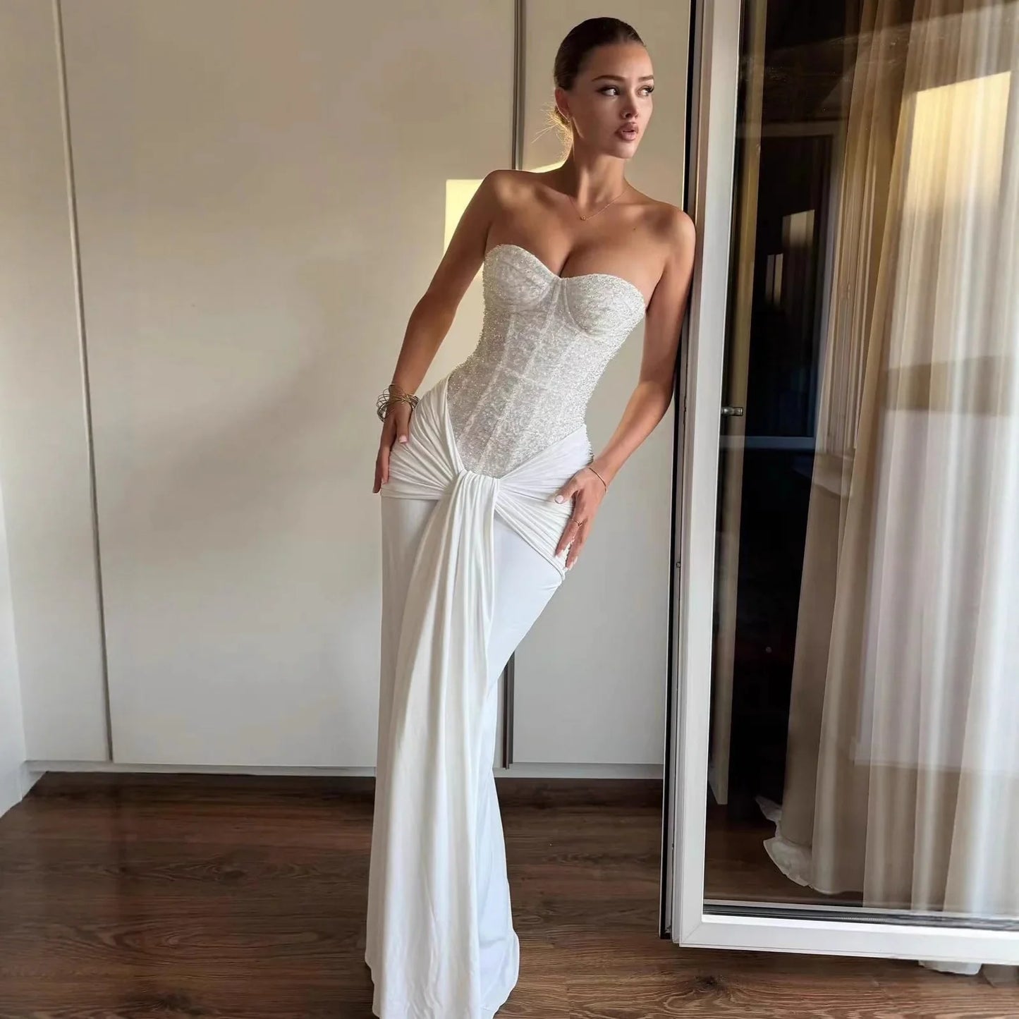 Women's Evening Dress Luxury Elegant Velvet White Long One-piece Dress Gown Sequins Birthday Cocktail Party Dresses
