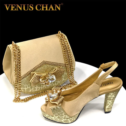 Shoes for Women High Heels INS Style Rhinestone Peep Toe Bow Gold Color New Italian Shoes and Bag for Party 2024