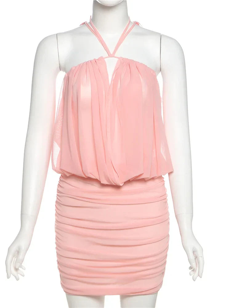 Sexy Mesh Dress Women Elegant Backless Ruched Draping Summer Strapless Summer Beach Vacation Midnight Party Bodycon