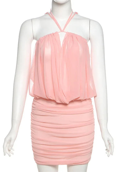 Sexy Mesh Dress Women Elegant Backless Ruched Draping Summer Strapless Summer Beach Vacation Midnight Party Bodycon