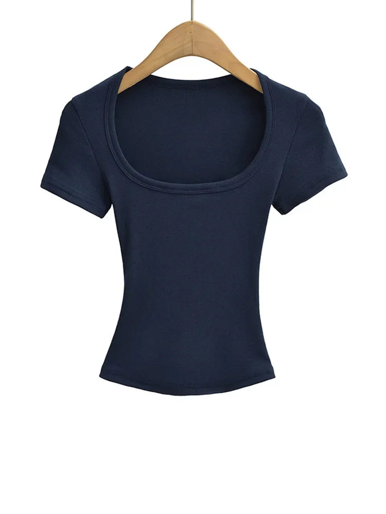 Women's Slim Fit Square Collar Crop Top High Stretch Short Sleeve Pullover Sexy Summer Blouse T-shirt for Bottoming