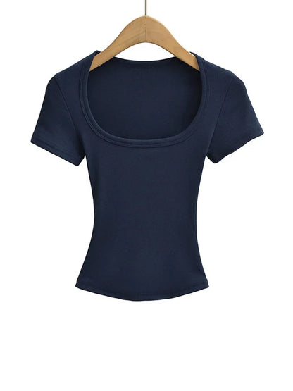 Women's Slim Fit Square Collar Crop Top High Stretch Short Sleeve Pullover Sexy Summer Blouse T-shirt for Bottoming