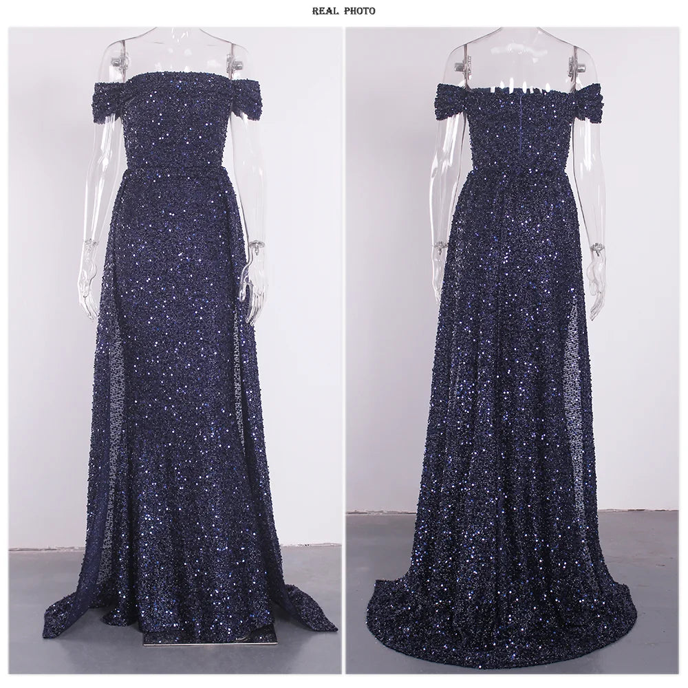 Navy Blue Slash Neck Off Shoulder Prom Gown Sequin Detachable Train Mermaid Evening Party Dresses Cocktail Dress 2025