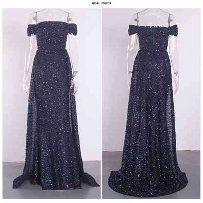 Navy Blue Slash Neck Off Shoulder Prom Gown Sequin Detachable Train Mermaid Evening Party Dresses Cocktail Dress 2025