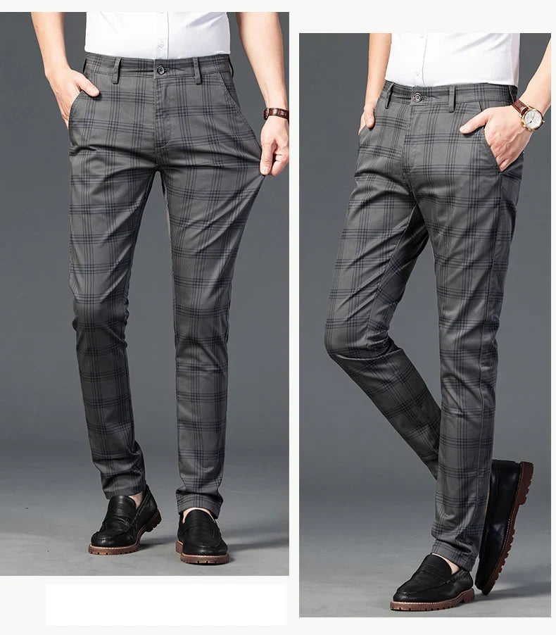 Brand Clothing Mens Casual Pants Fashion Plaid Classic Business Formal Trousers Elastic Straight Social Luxury Suit Pants