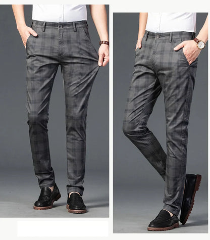 Brand Clothing Mens Casual Pants Fashion Plaid Classic Business Formal Trousers Elastic Straight Social Luxury Suit Pants