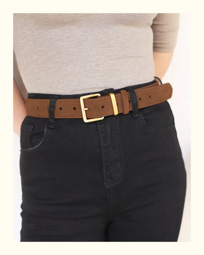 Luxury Suede Cowhide Leather Belt for Women, Vintage Style with Gold Buckle, 3.3cm Wide Waistband for Dresses & Jeans