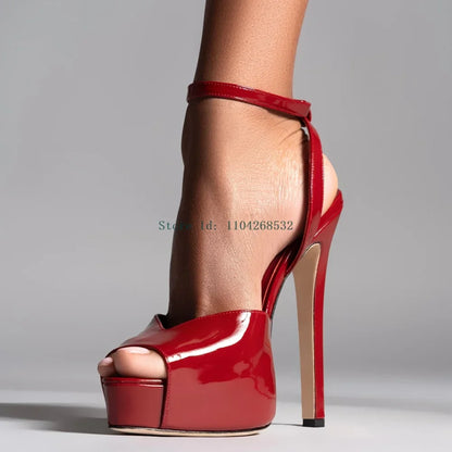 Red Patent Leather Platform High Heels  Stiletto Ankle Buckle Strap Solid New Arrivals Fashion Slingback Buckle Strap Shoes