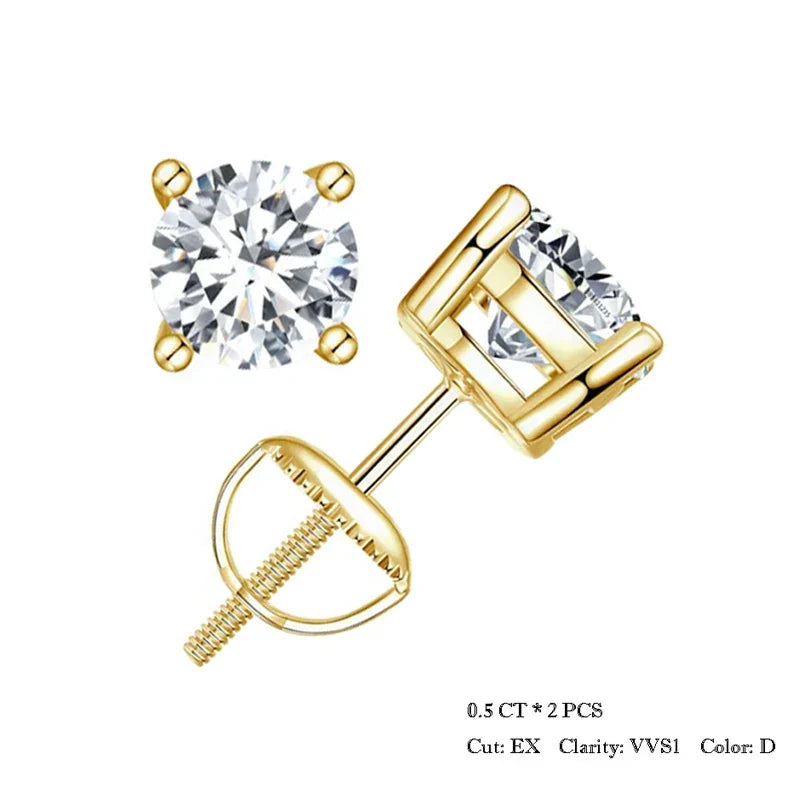 0.5-1ct Moissanite Screw Back Earrings for Women, D Color VVS1 Clarity Lab Created Diamond Earring White Gold Earrings