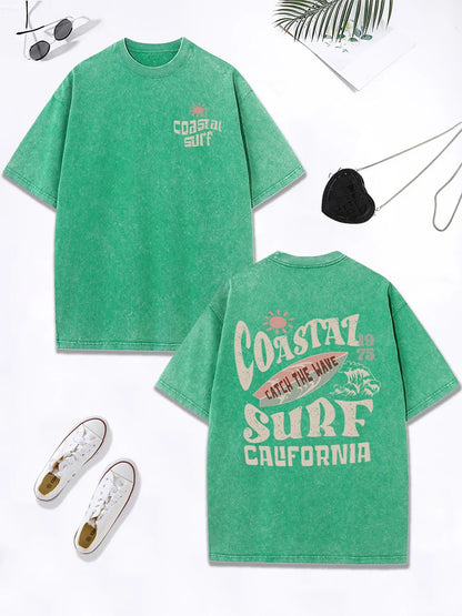 Surf Catch The Wave California Prints Washed T-Shirt Women Cotton Oversize Tops Distressed O-Neck T Shirt Summer Clothes
