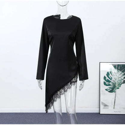 Women's Satin Blouse With Lace Trim Fashion O-neck Long Sleeve Lace Up Waist Irregular Tops 2026 Spring New Chic Lady Streetwear