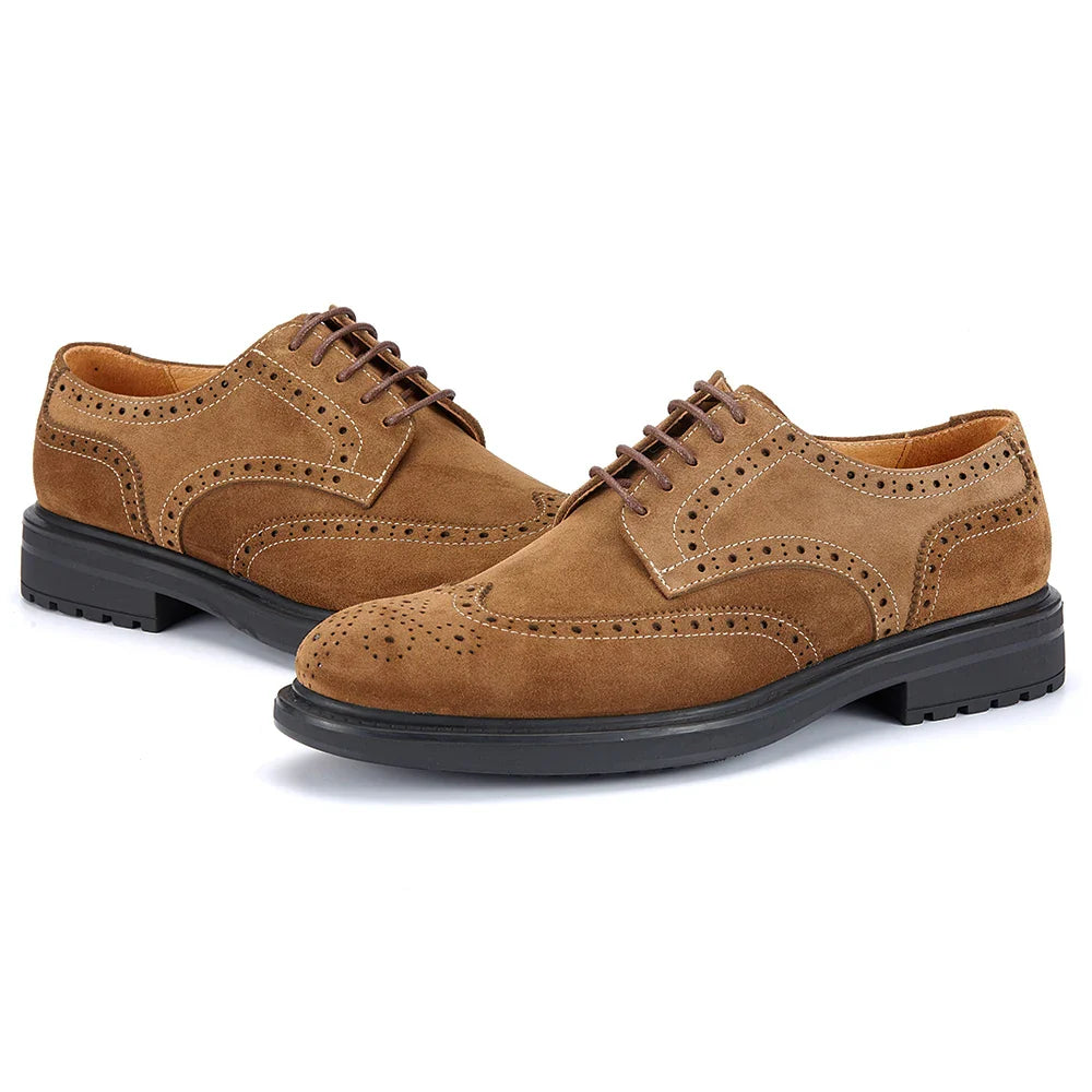 Men's Brogue Suede Leather Shoes, Handmade Carved Lace-up Derby Oxfords, Premium Cow Suede Upper Formal Business Casual Footwear
