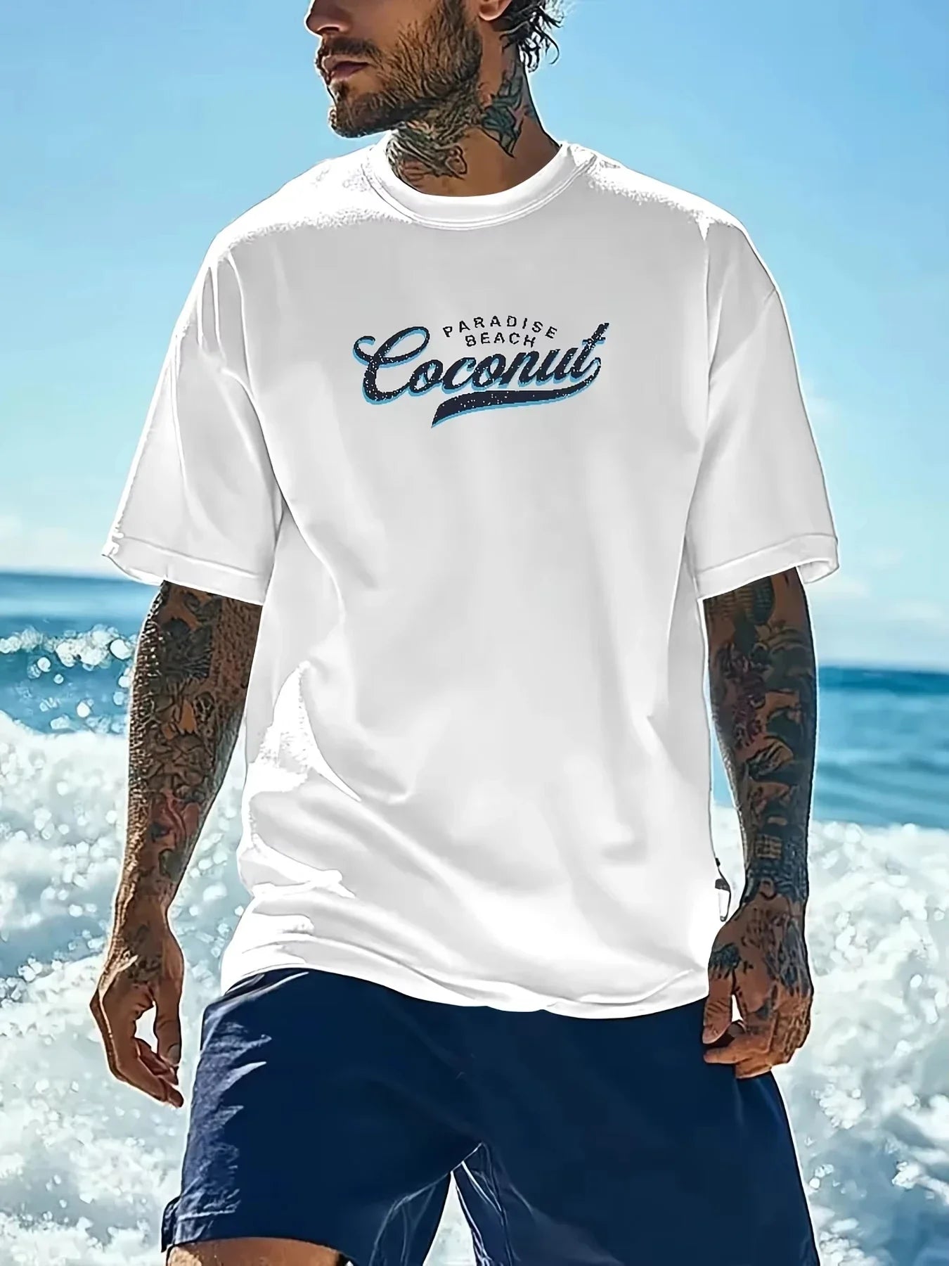 2026 new Men's cotton T-shirt with beverage pattern - perfect for wearing on the beach in summer.