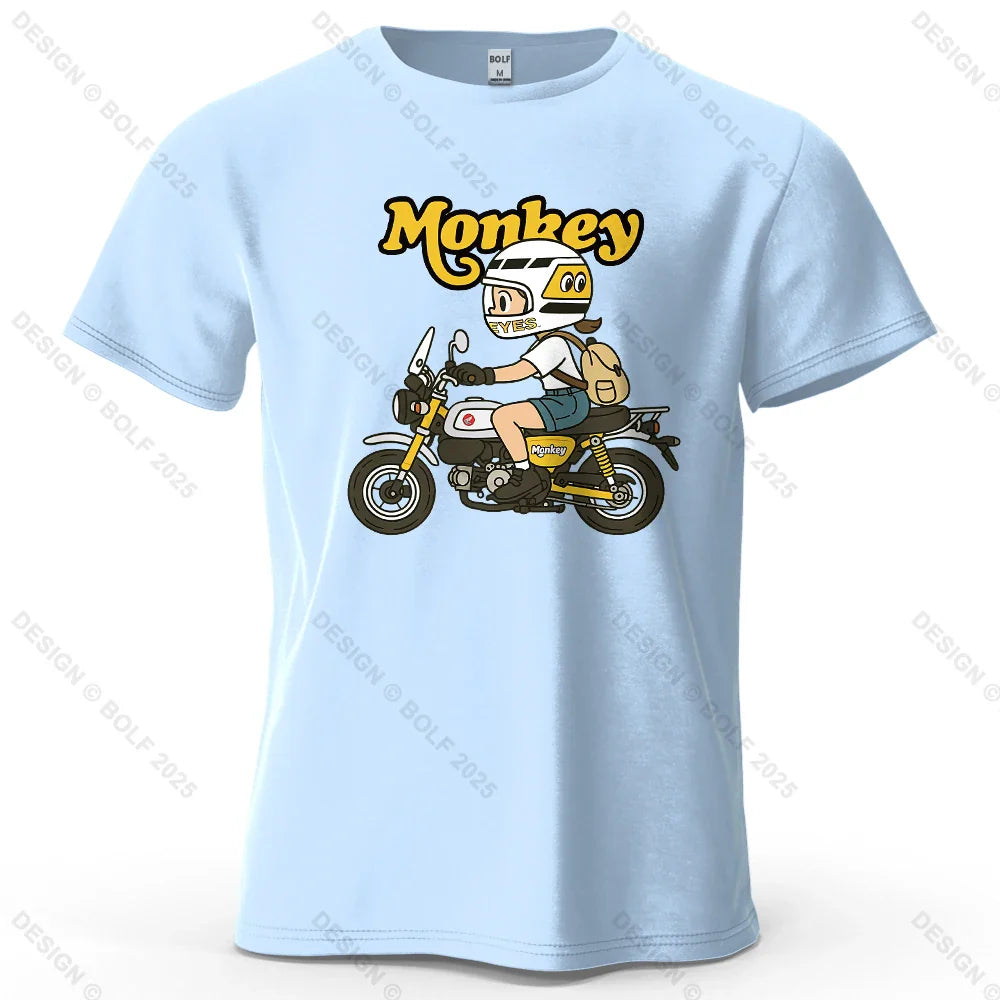Men's Monkey Motorcycle Graphic Short Sleeve T-Shirt 100% Cotton Cartoon Printed Tops Tee for Women Summer Casual Sportswear