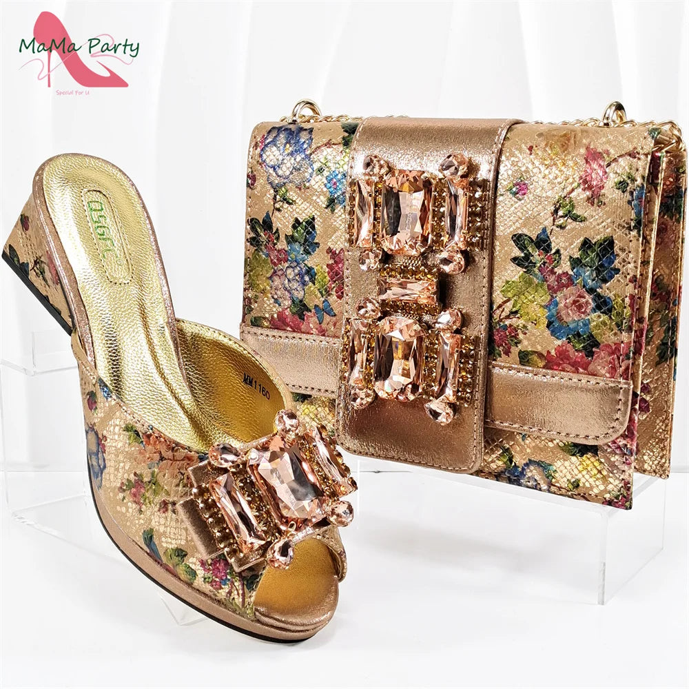 2025 Italian New Arrivals Shoes and Bag Set in Purple Color High Quality Special Design Slipper with Crystal for Wedding Dress