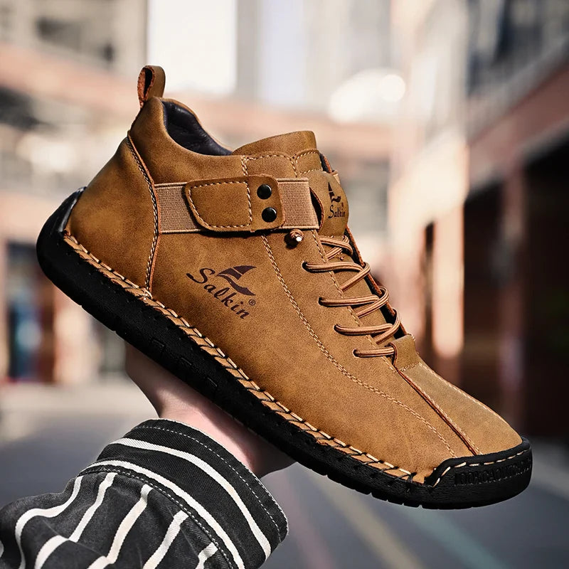New 2025 Handmade Leather Casual Men Shoes Design Sneakers Man Breathable Leather Shoes Ankle Boots Outdoor Non Slip Walking