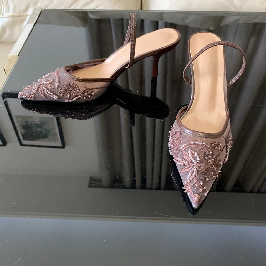Summer Pointed Toe Mesh Embroider High Heels for ladies Elegant String Bead pumps Sexy Luxury Designer Shoe Brown Heeled Sandals