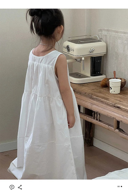 Summer White Vest Dress for Kids Girls Simple Loose Sleeveless Childrens Long Dress Cotton 2-8Y Girl Clothing Casual wear