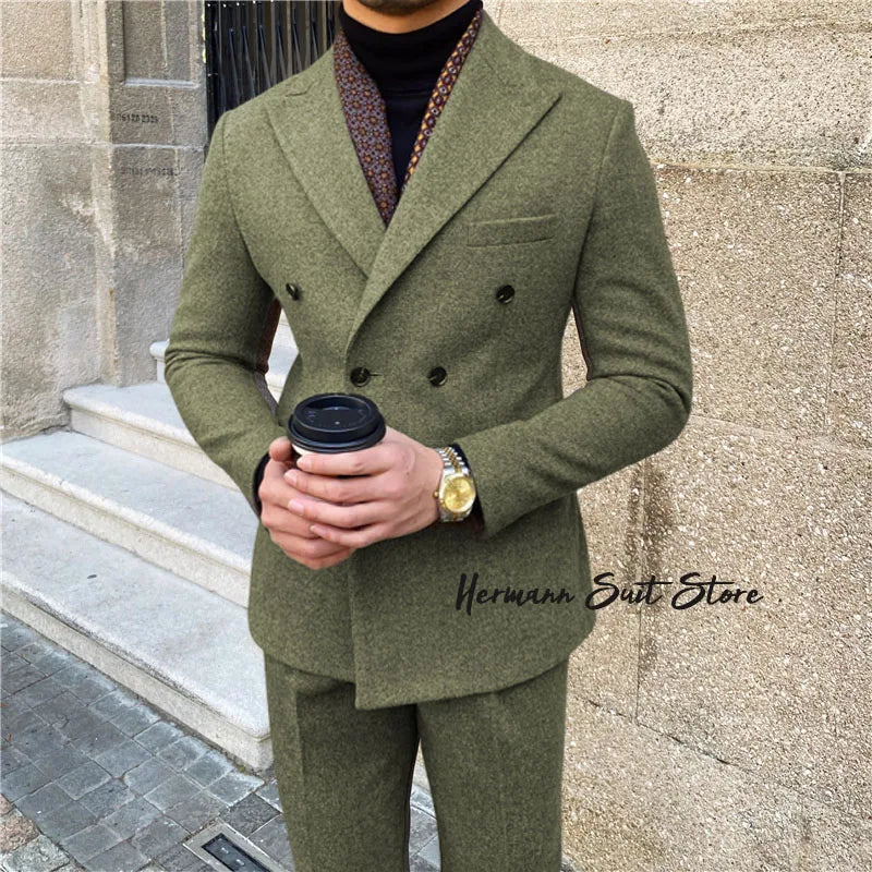 Wool Blend Men's 2 Piece Suit Set（Jacket+Pants) Double Breasted Lapel Suit Set Wedding  Prom Dinner Wrok Travel Dinner Banquet