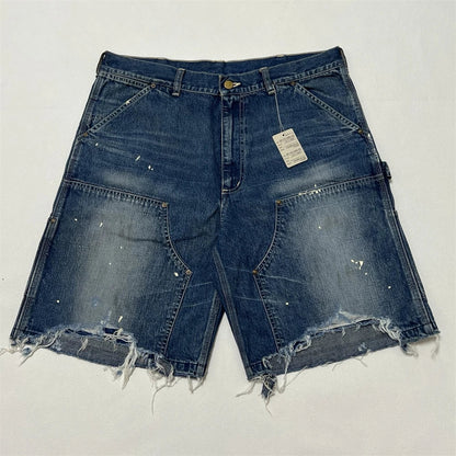 Black Nice Washed Damaged Saint DOUBLE KNEE Zipper Denim Shorts Men Women Oversized Shorts