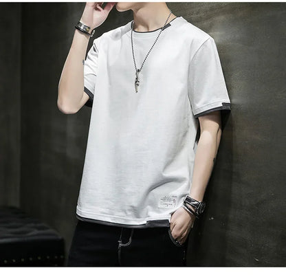 Classic Fake Two Short Sleeved Men's Pure Cotton T-shirt, Men's Summer Men's Interior Matching Trendy Brand T-shirt