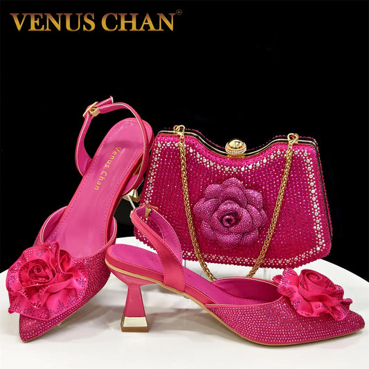 Shiny Fuchsia Color Shoes and Bag Elegant Handbags and Medium Heel Shoes Beautiful Handmade Flowers For Wedding Party