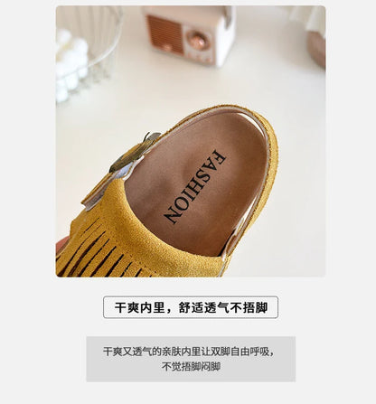2025 Summer New Girls' Sandals Korean Style Tassel Princess Shoes Frosted Leather Hollow Sandals Comfortable 23-31