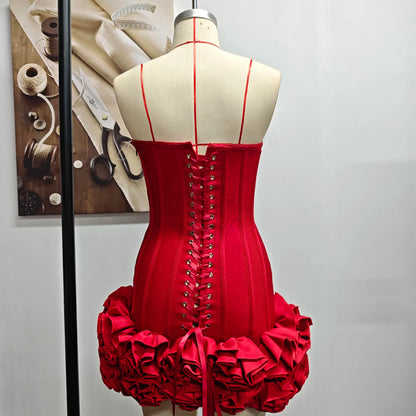 Christmas Dress Strapless Backless Red Structured Floral Embellished Mini Length Bodycon Celebrity Party Cocktail Dress