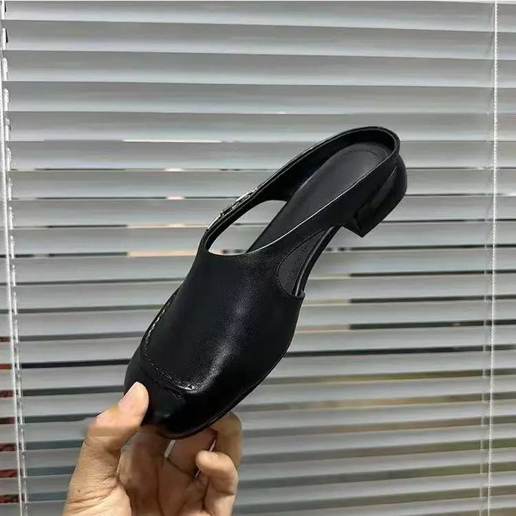 Women's Stylish Genuine Leather Mule Loafers with Metal Buckle Low Heel Slip On Flats Casual Driving Shoes