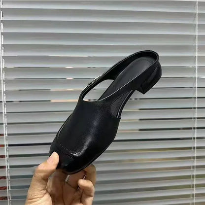 Women's Stylish Genuine Leather Mule Loafers with Metal Buckle Low Heel Slip On Flats Casual Driving Shoes