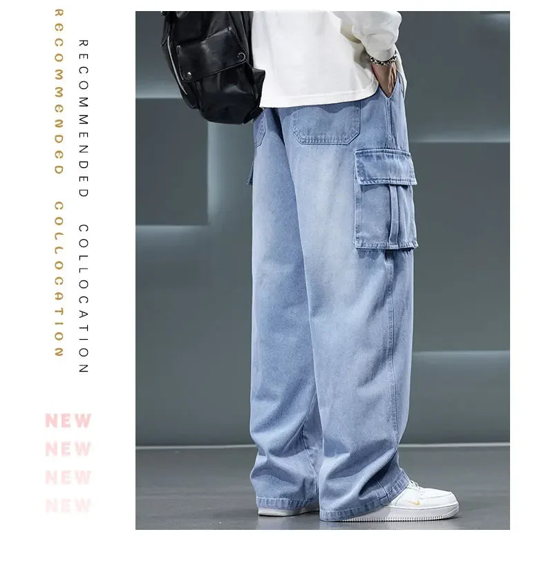 Autumn New Wide Leg Washing Jean Pants Men Trousers Neutral Solid Color Loose Casual Fashion Pocket Cargo Pants Big Size 8xl