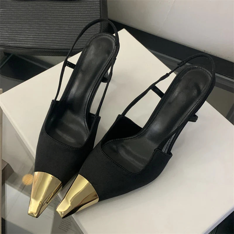 Street Style Sexy Pointed Toe Slingbacks Pumps Women Stripper Sandals High Heels Female Banquet Shoes Brown Kitten Heels