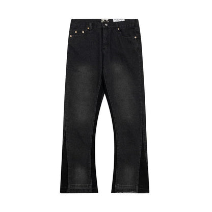 American retro washed letter spliced denim trousers high street trendy brand couple loose straight micro-flared long trousers