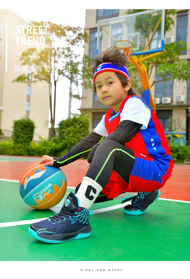 Children‘s Basketball Shoes Non-slip Breathable Basketball Training Sneakers Boys Girls Mesh Athletic Shoes Lace-up Running Shoe