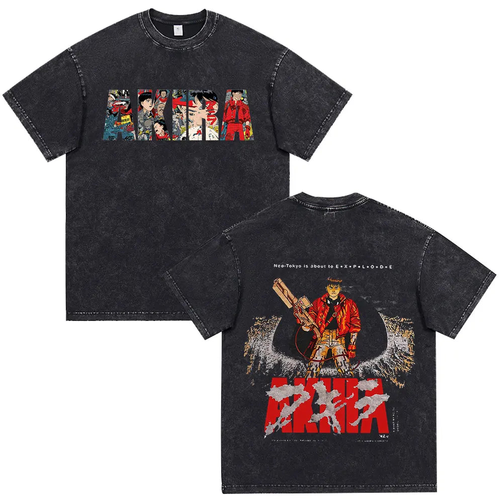 Japanese Anime Akira Washed Vintage T Shirt Science Fiction Cartoon Movie Shotaro Kaneda T-shirt Men Women Cotton Casual T-shirt