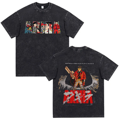 Japanese Anime Akira Washed Vintage T Shirt Science Fiction Cartoon Movie Shotaro Kaneda T-shirt Men Women Cotton Casual T-shirt