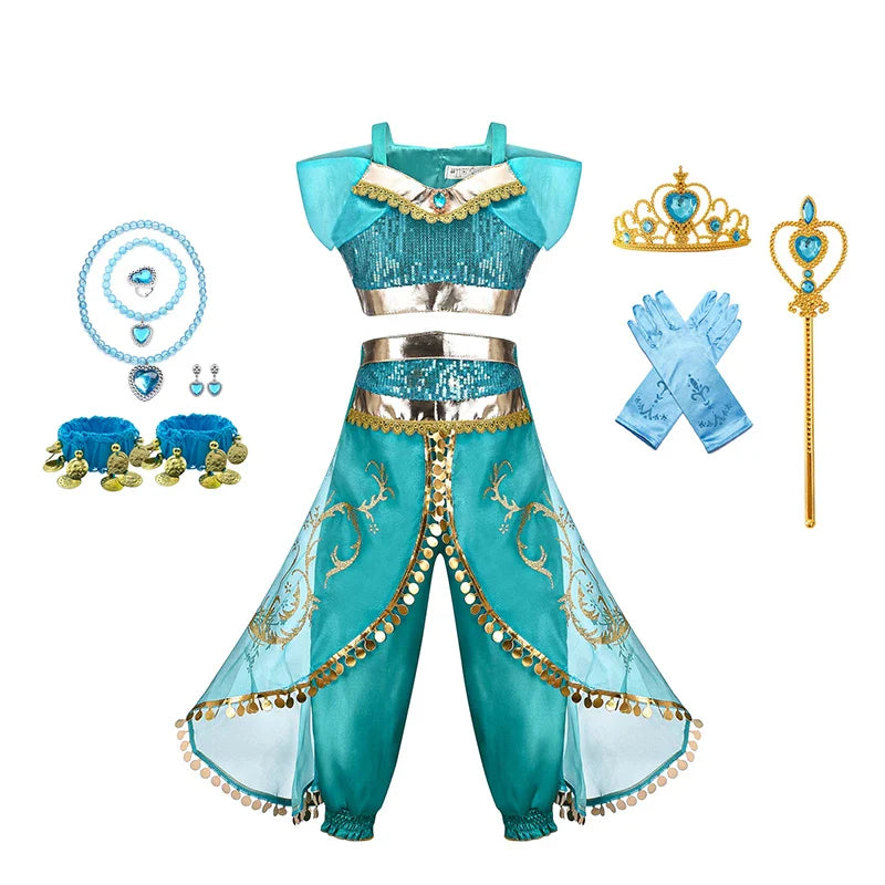 Jasmine Princess Dress for Kids Girls Cosplay Aladdin Magic Lamp Costume Halloween Kids Birthday Carnival Ball Vestidos Outfits